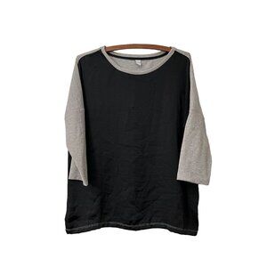 Ver Womens Black Satin Front Gray Metallic Waffle Knit Back Long Sleeve Top S
